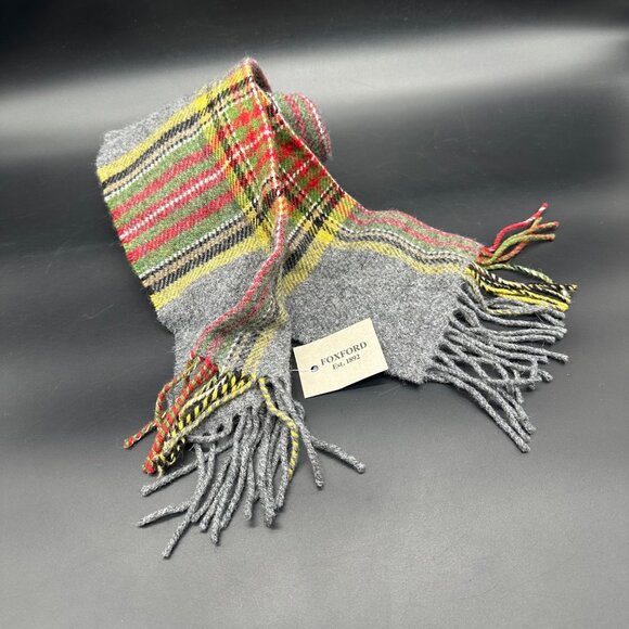 Foxford Lambswool Plaid Scarf Gray Fringe Ireland Ref Yellow Winter Accessory - Picture 1 of 8
